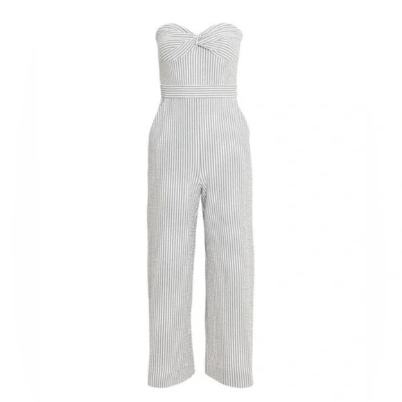 Veronica Beard Serild Strapless Seersucker Grey White Striped Jumpsuit Size 2 - Picture 3 of 4